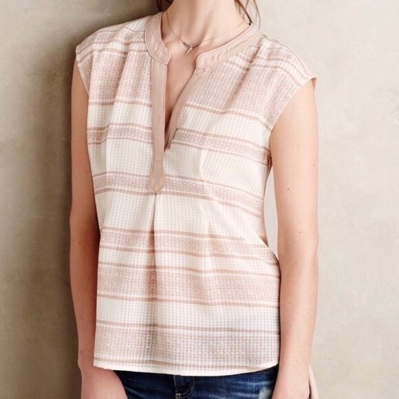 Anthropologie Postmark Egress Split Neck Striped High Low Blouse Tunic Size M - Picture 1 of 6